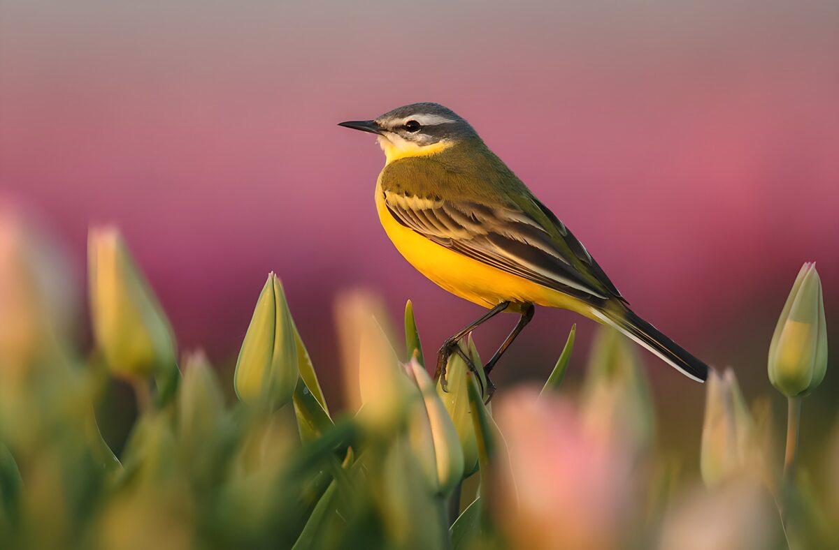 Schafstelze auf zartgrüner Tulpenknospe