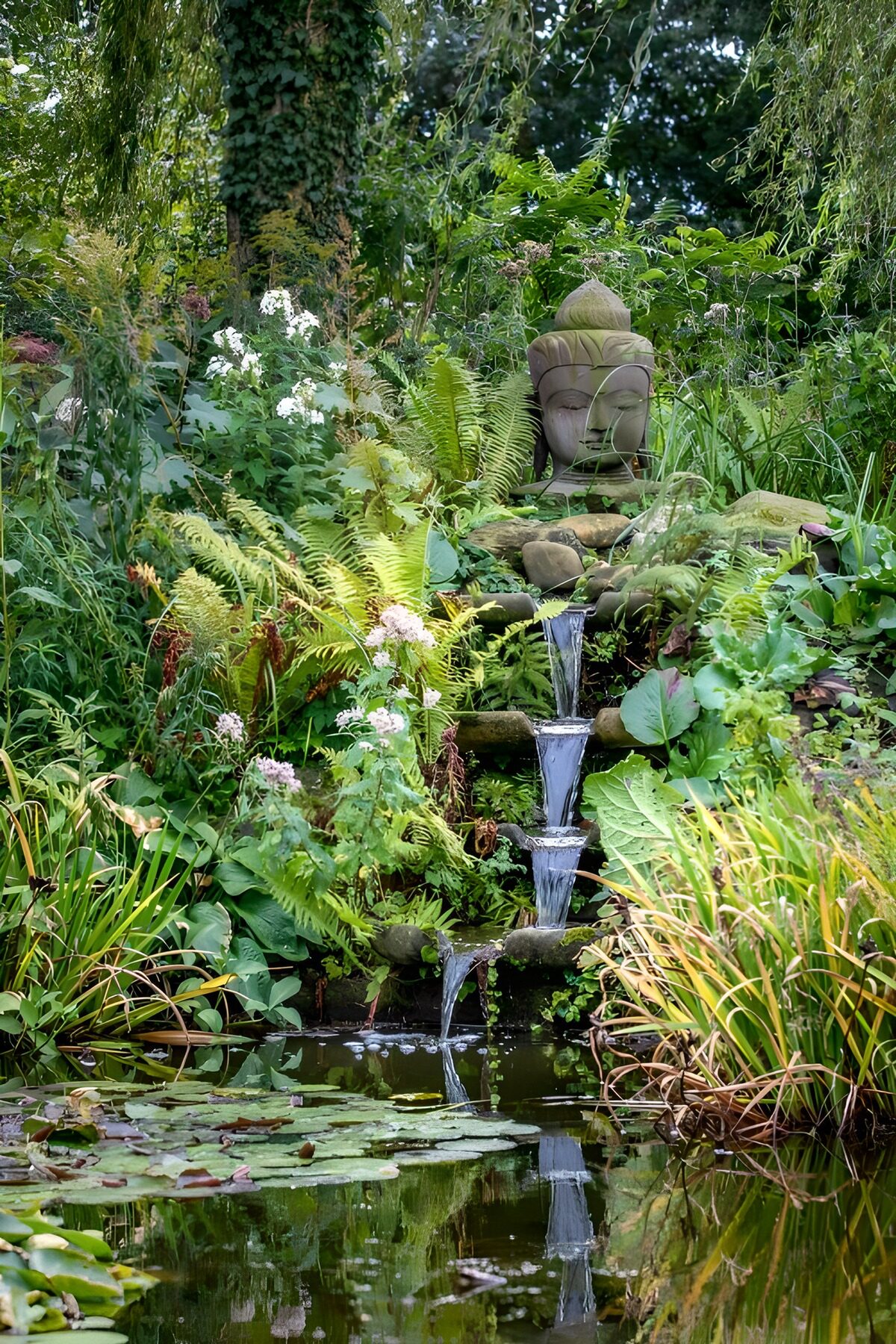 Buddha am Wasserfall im grünen Garten