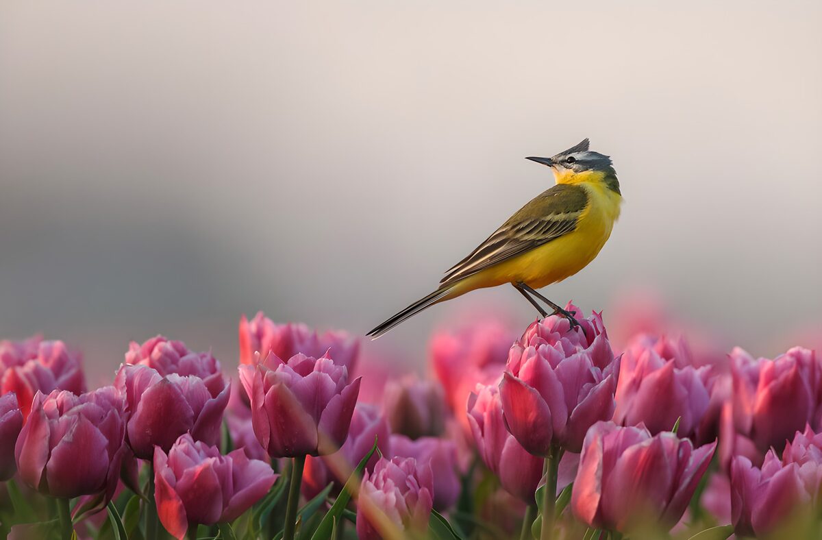 Stelze auf rosa Tulpe im sanften Licht