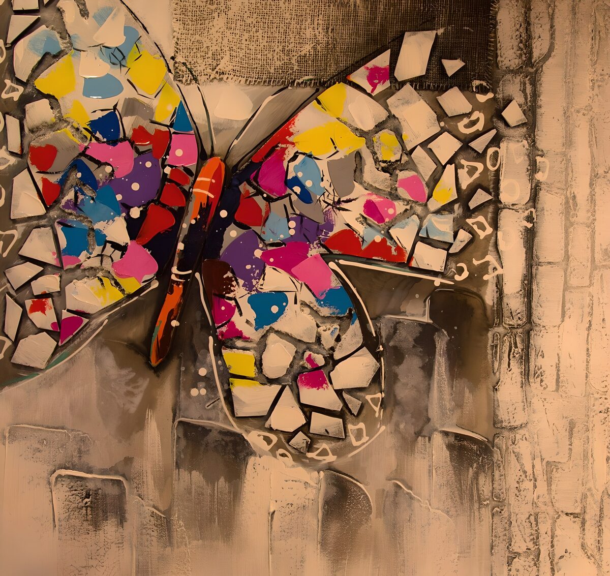 Mosaik-Schmetterling auf verwitterter Wand