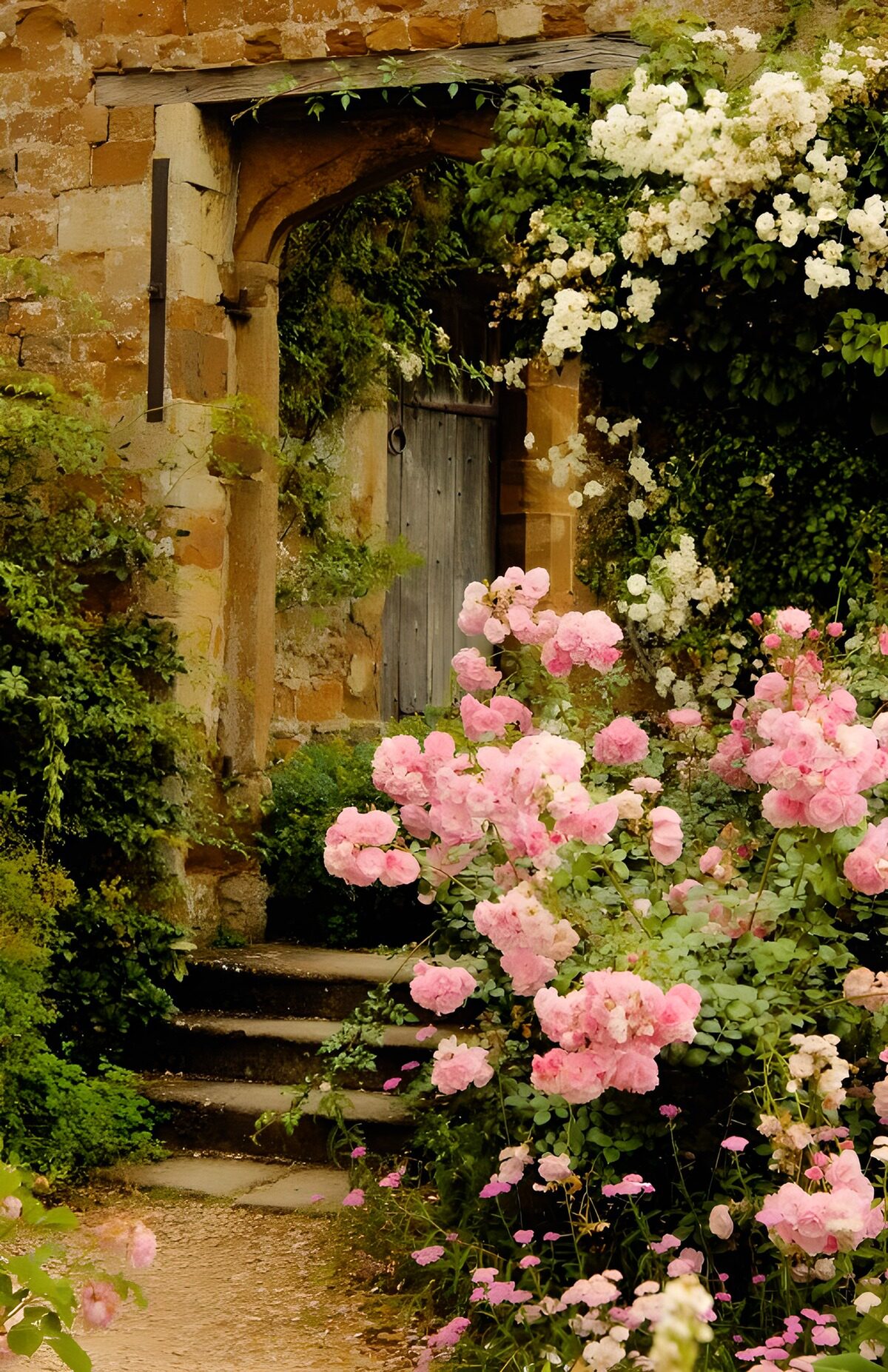 Alte Holztür zwischen blühenden Rosen