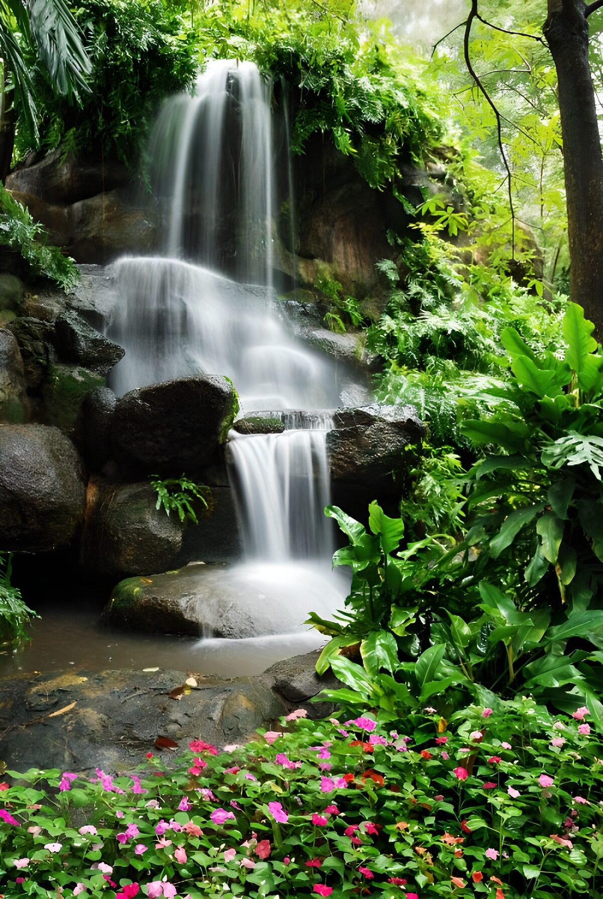 Wasserfall zwischen Felsen und üppigem Grün