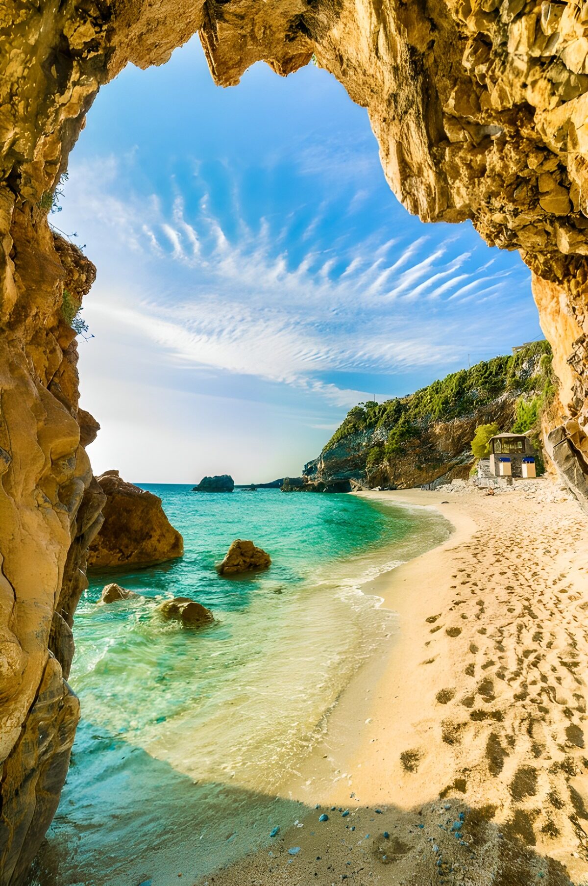 Höhlenblick auf die sonnige Bucht