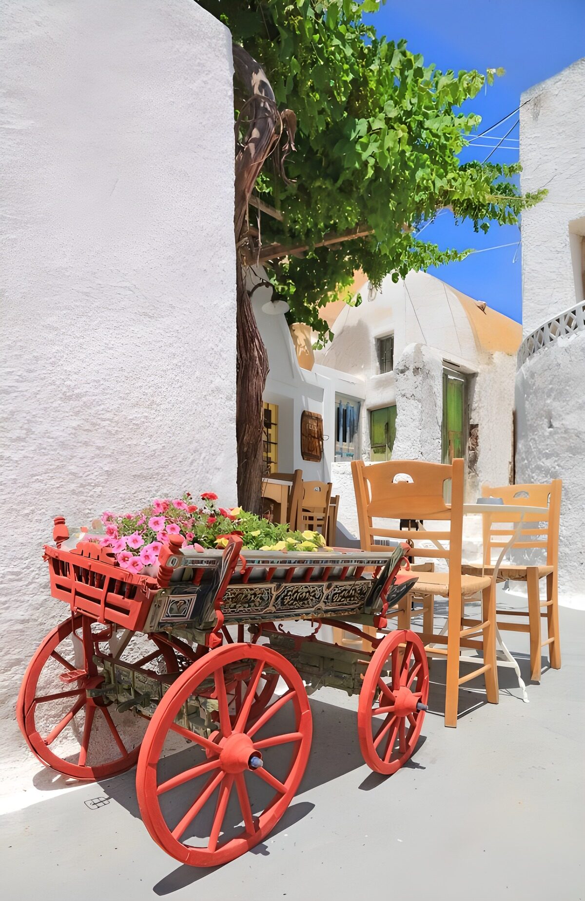 Blumenwagen in der sonnigen Gasse