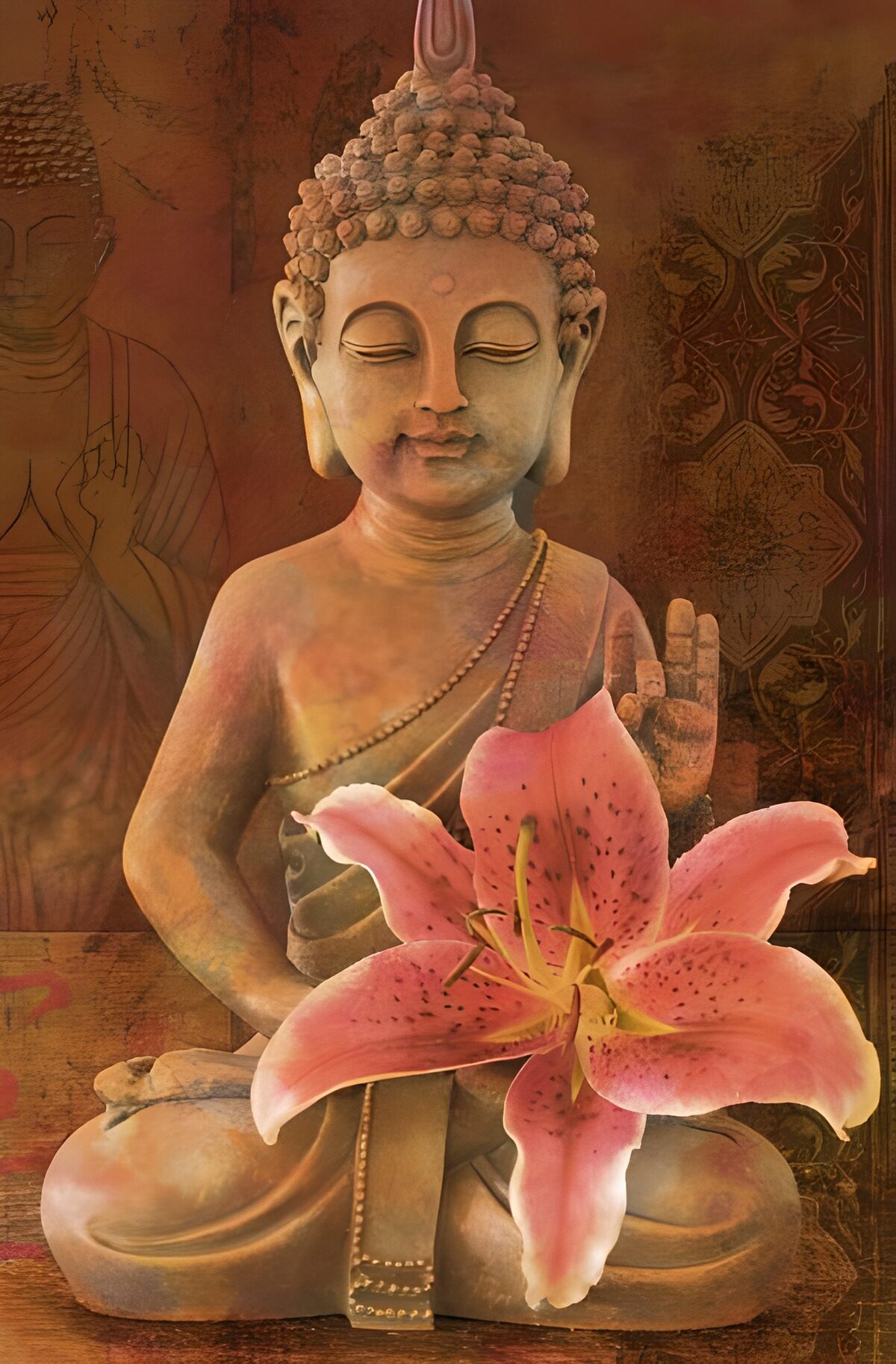 Buddha mit rosa Lilie in warmen Erdtönen