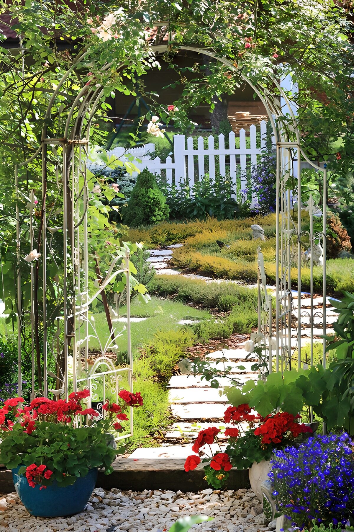 Sonniger Gartenweg mit Rosenbogen