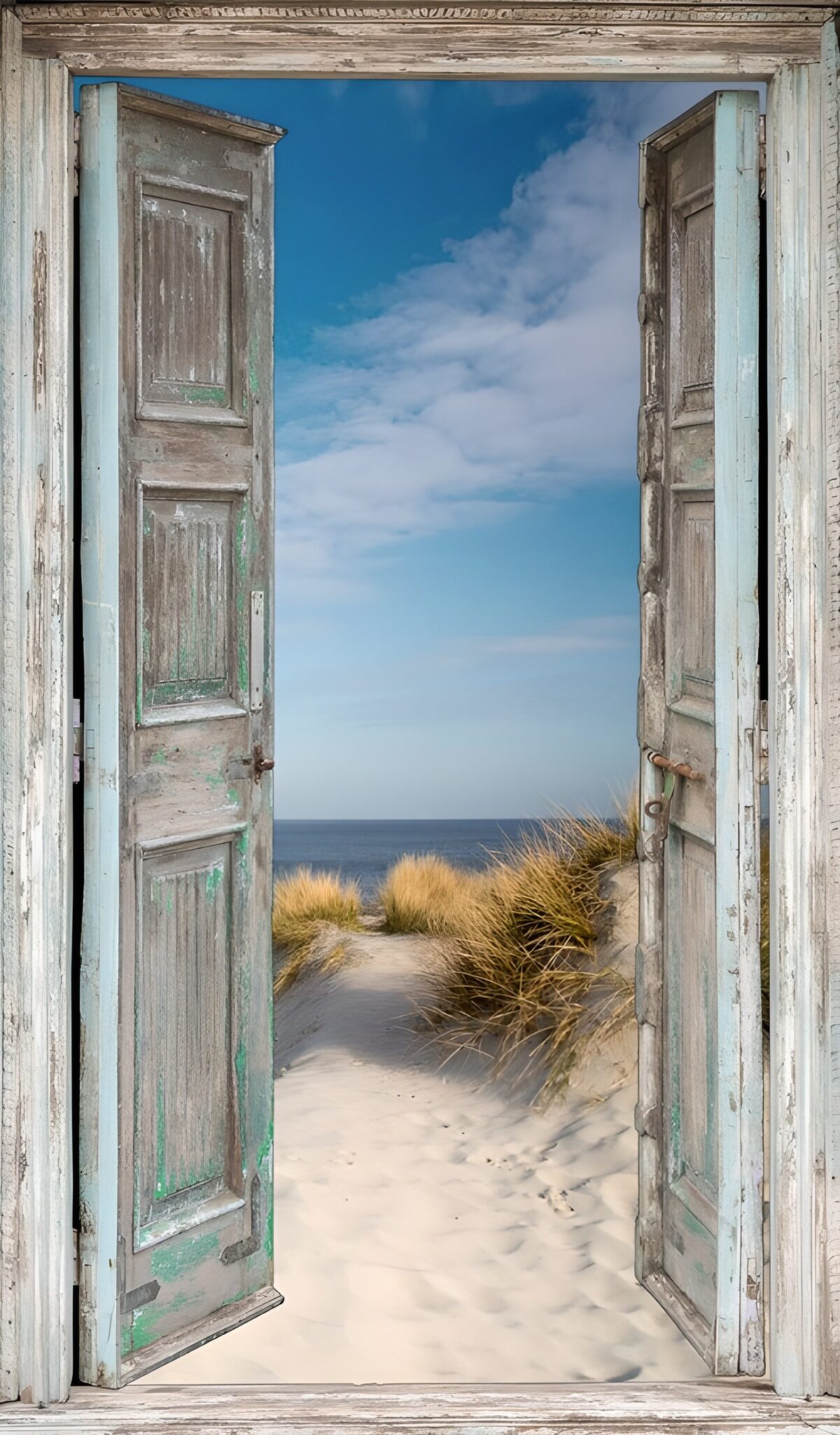 Offene Holztür mit Blick auf Dünen und Meer