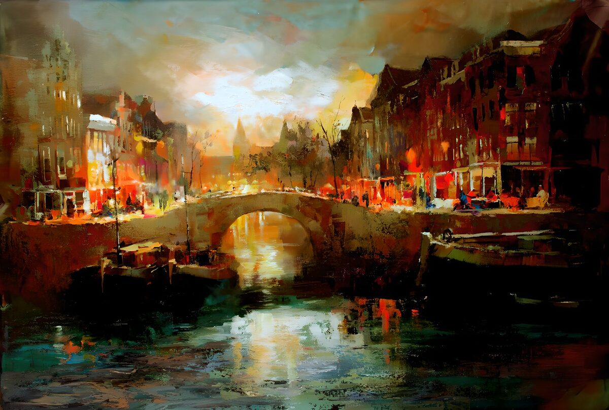 Kanal mit Bogenbrücke im Abendlicht