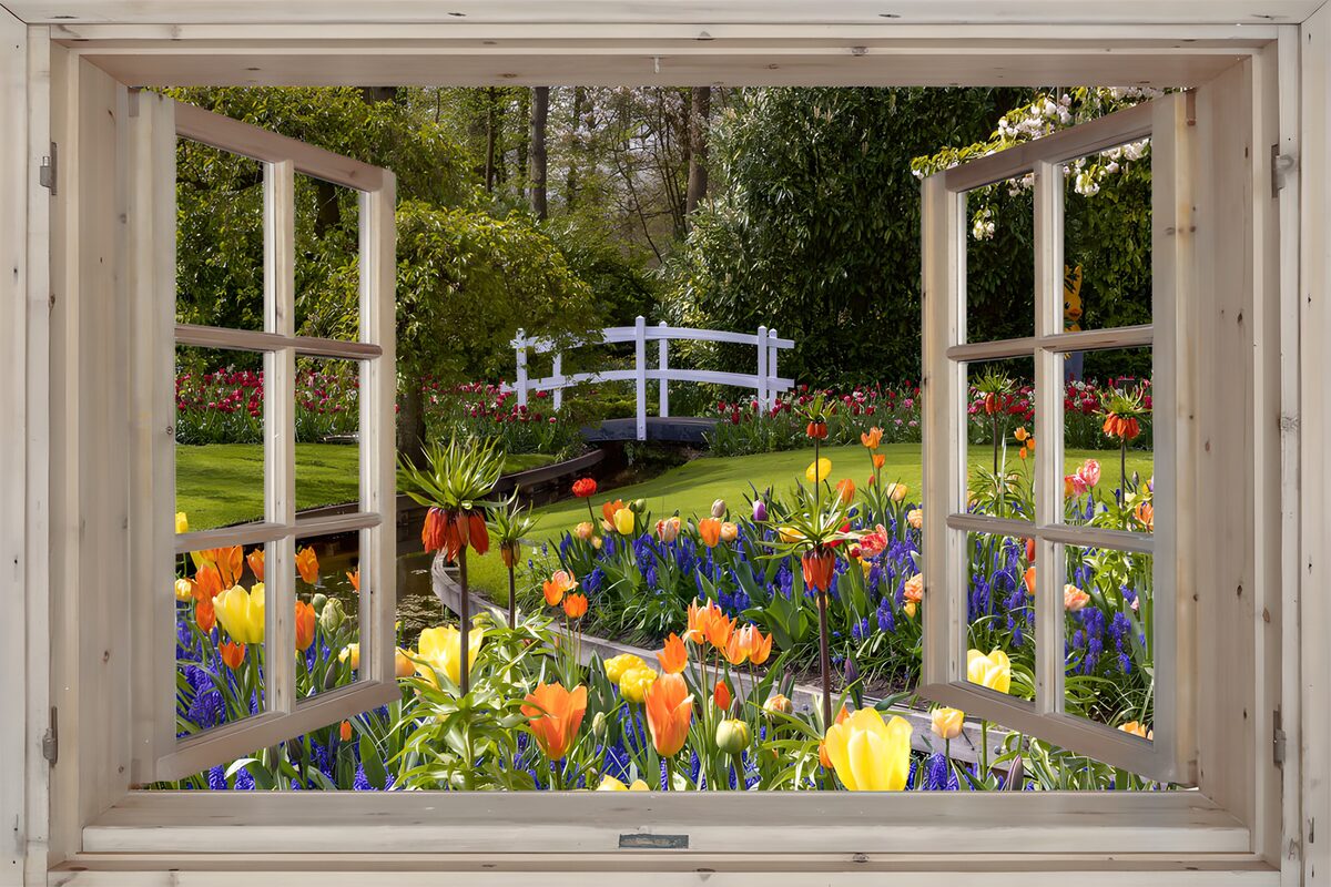 Offenes Fenster zum bunten Frühlingsgarten