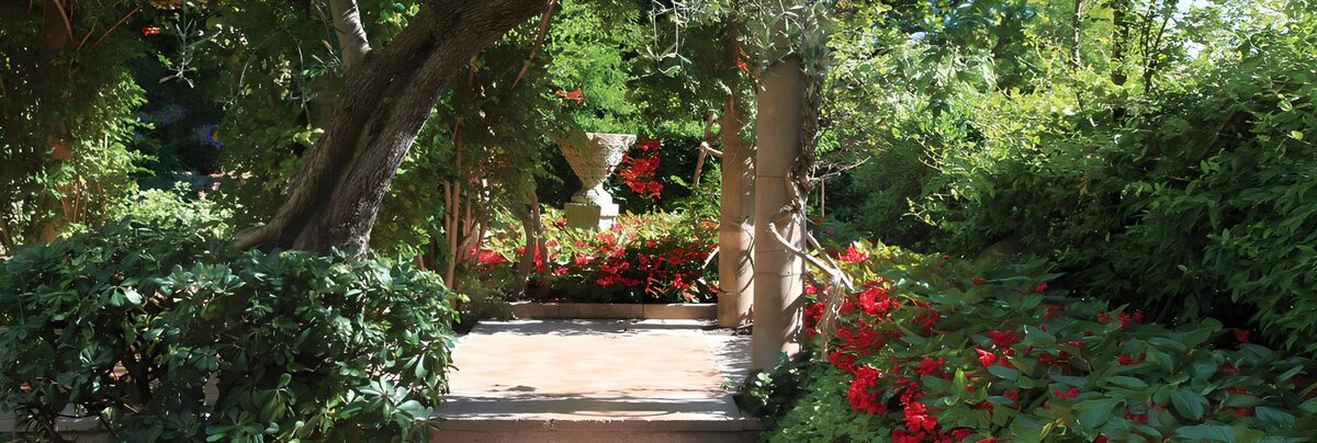 Gartenweg zwischen Grün und roten Blüten