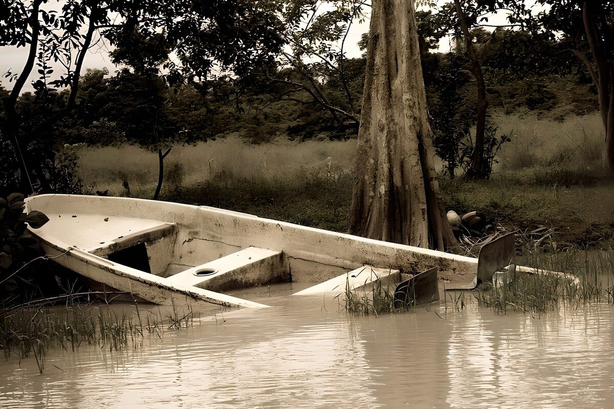 Halb versunkenes Boot in Sepia