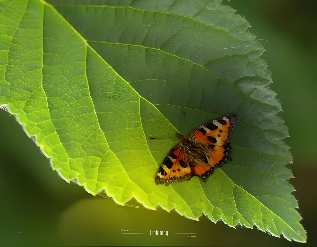 Oranger Schmetterling auf hellem Blatt