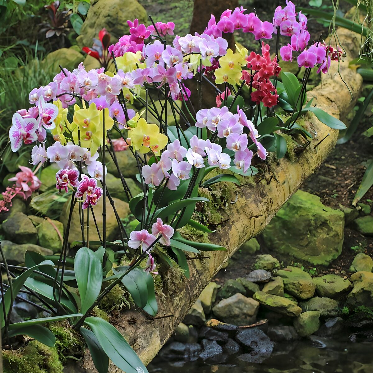 Bunte Orchideen am moosbewachsenen Stamm