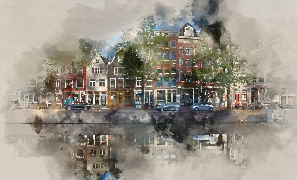 Häuser am Kanal in sanften Aquarellfarben