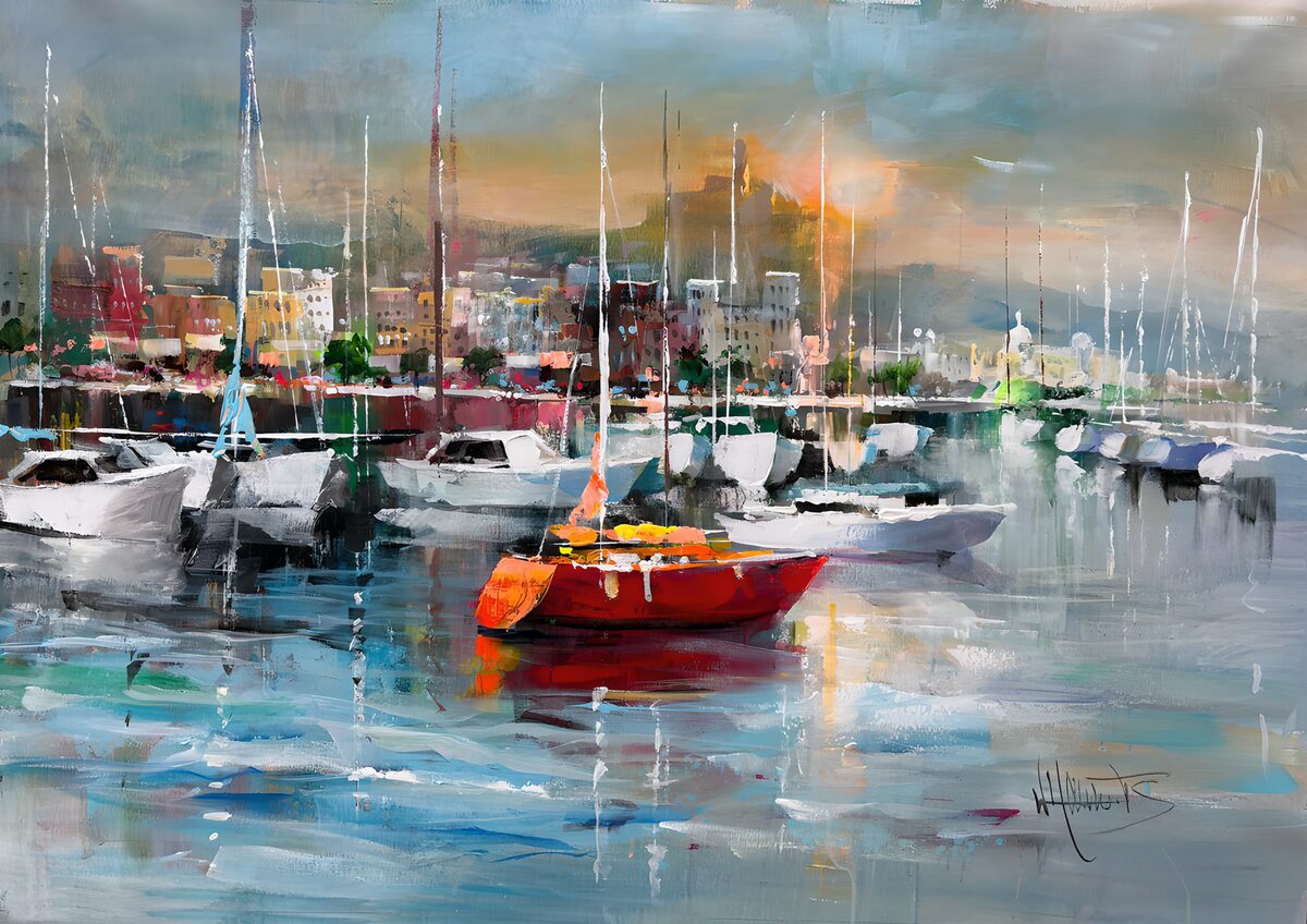 Segelboote vor der Stadt im Abendlicht