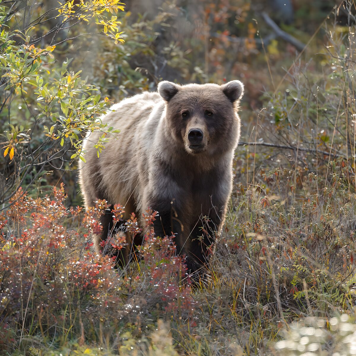 Braunbär zwischen herbstlichen Sträuchern