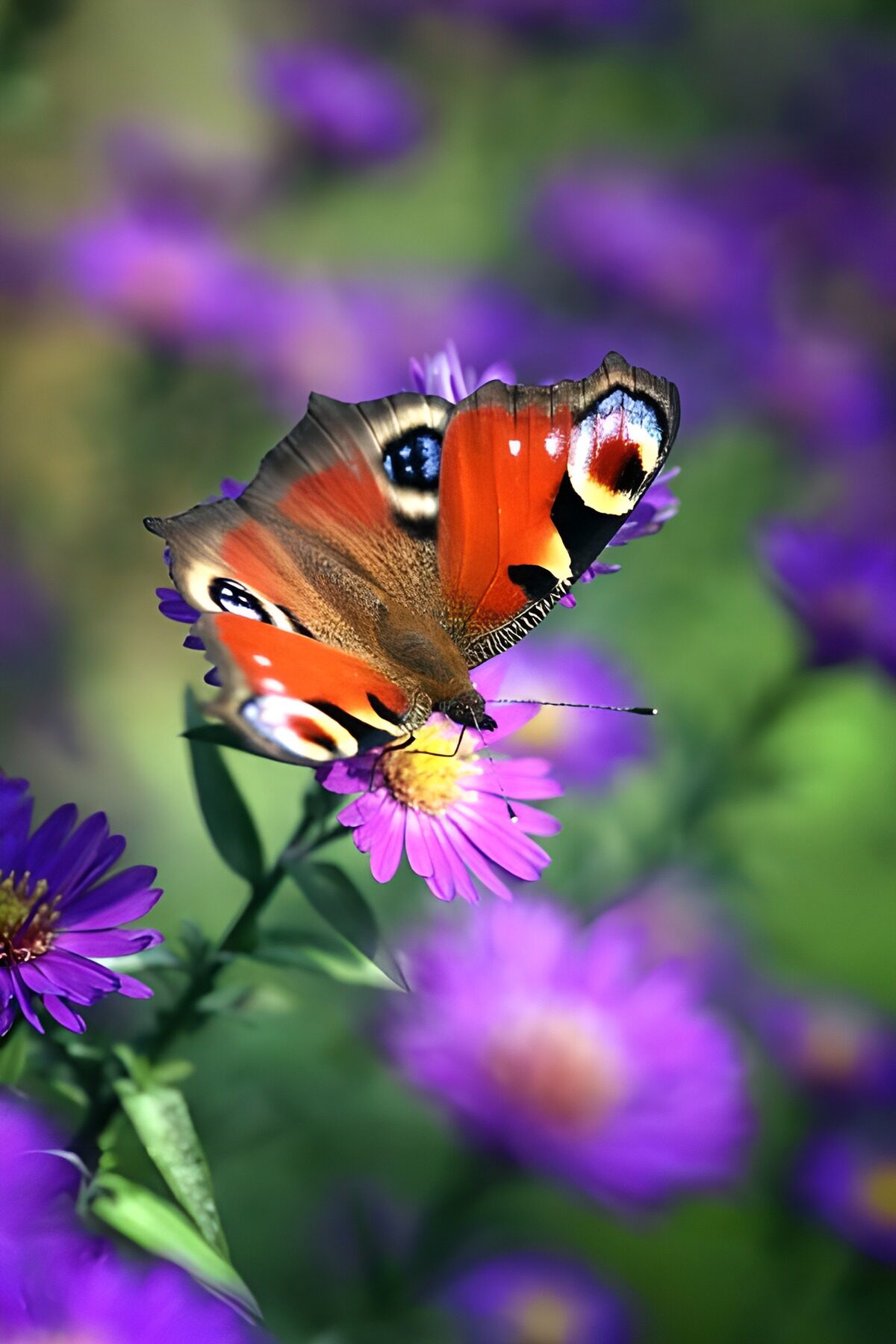 Tagpfauenauge auf violetter Blüte im Licht