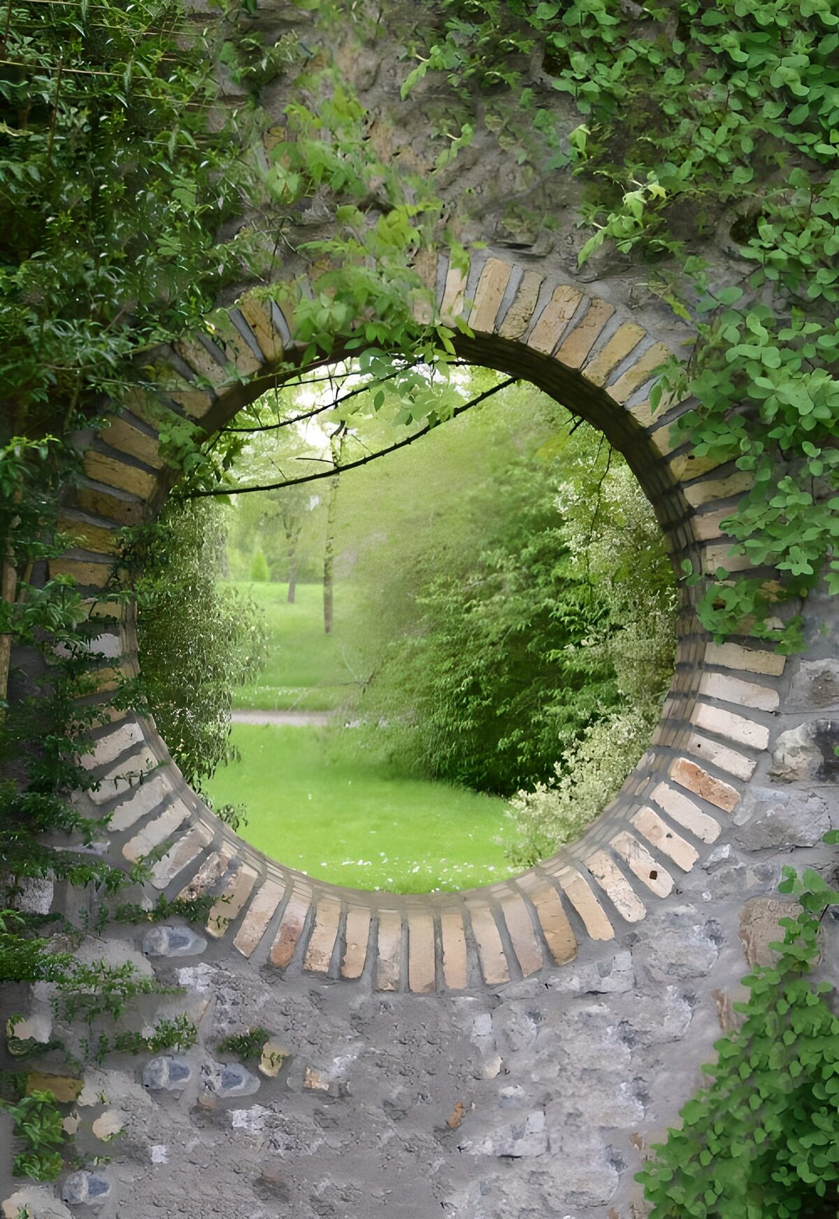Rundes Mauerfenster ins üppige Grün