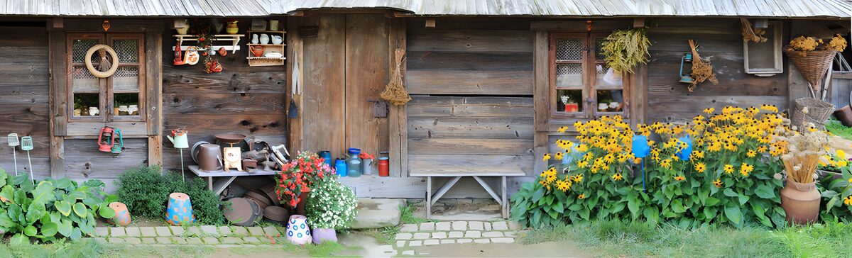 Holzhaus mit sommerlicher Blütenfülle