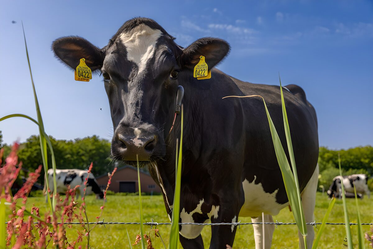 Schwarzbunte Kuh am sonnigen Weidezaun