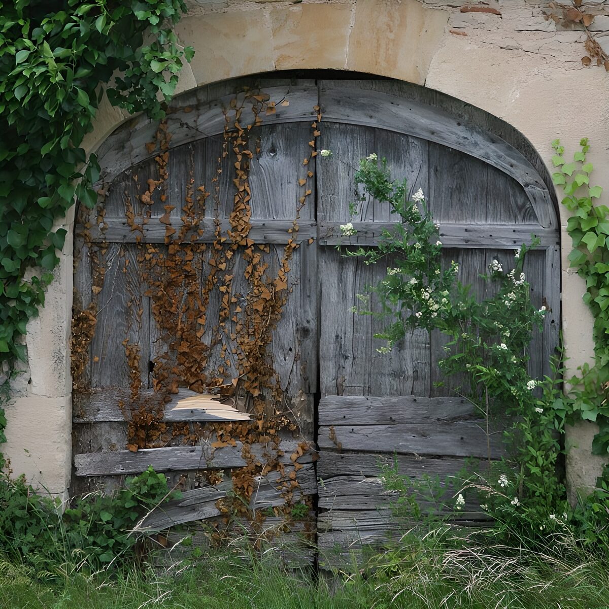 Verwitterte Holztür im wilden Grün