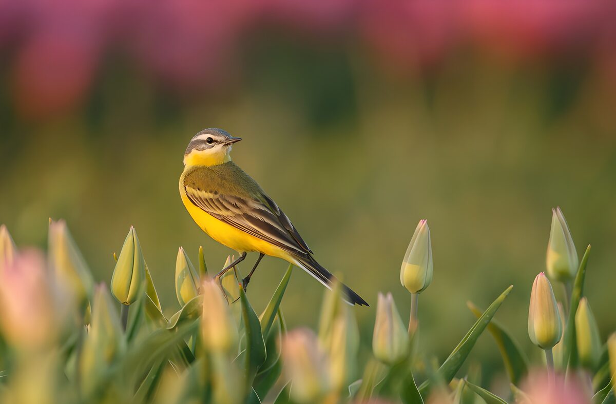 Schafstelze zwischen Tulpenknospen