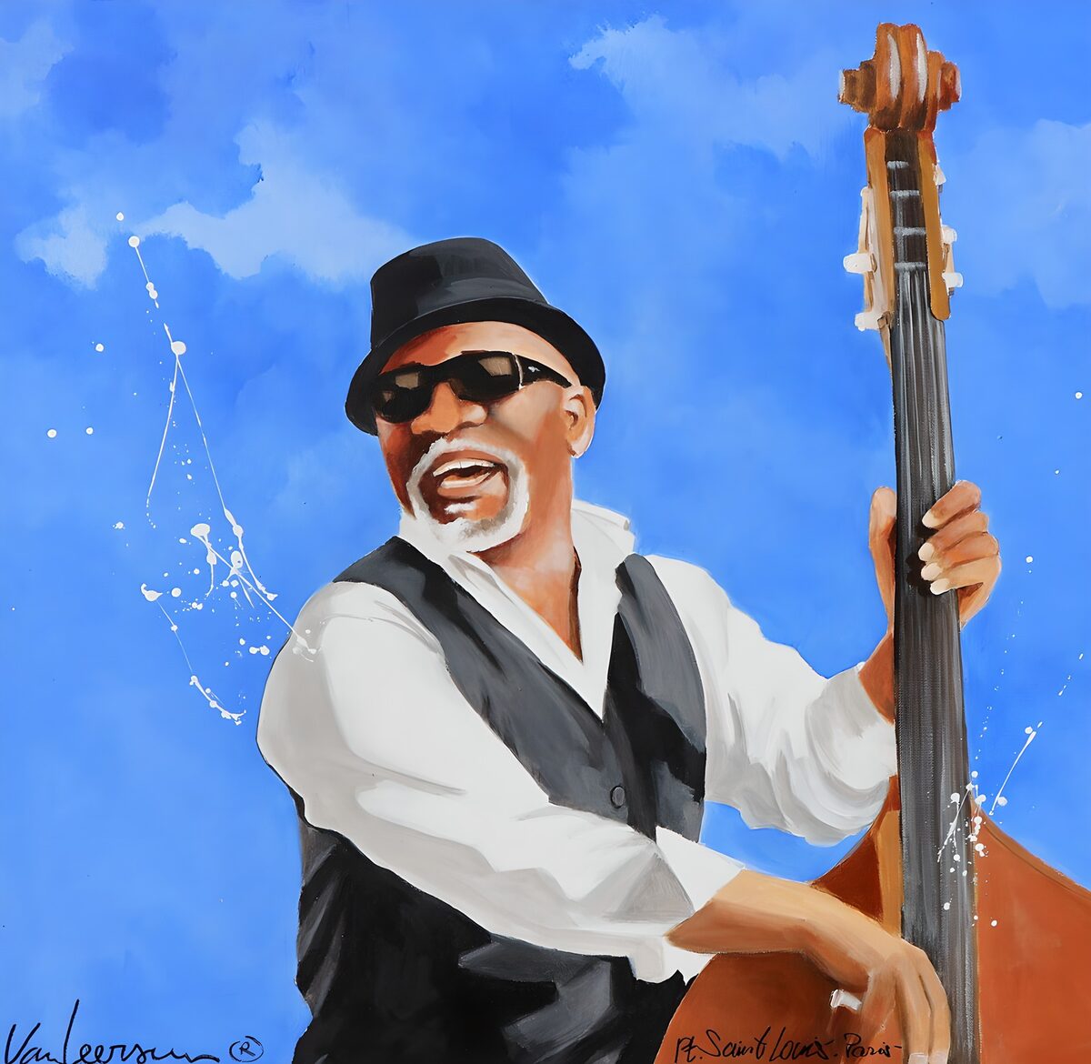 Jazzmusiker mit Kontrabass in kräftigem Blau