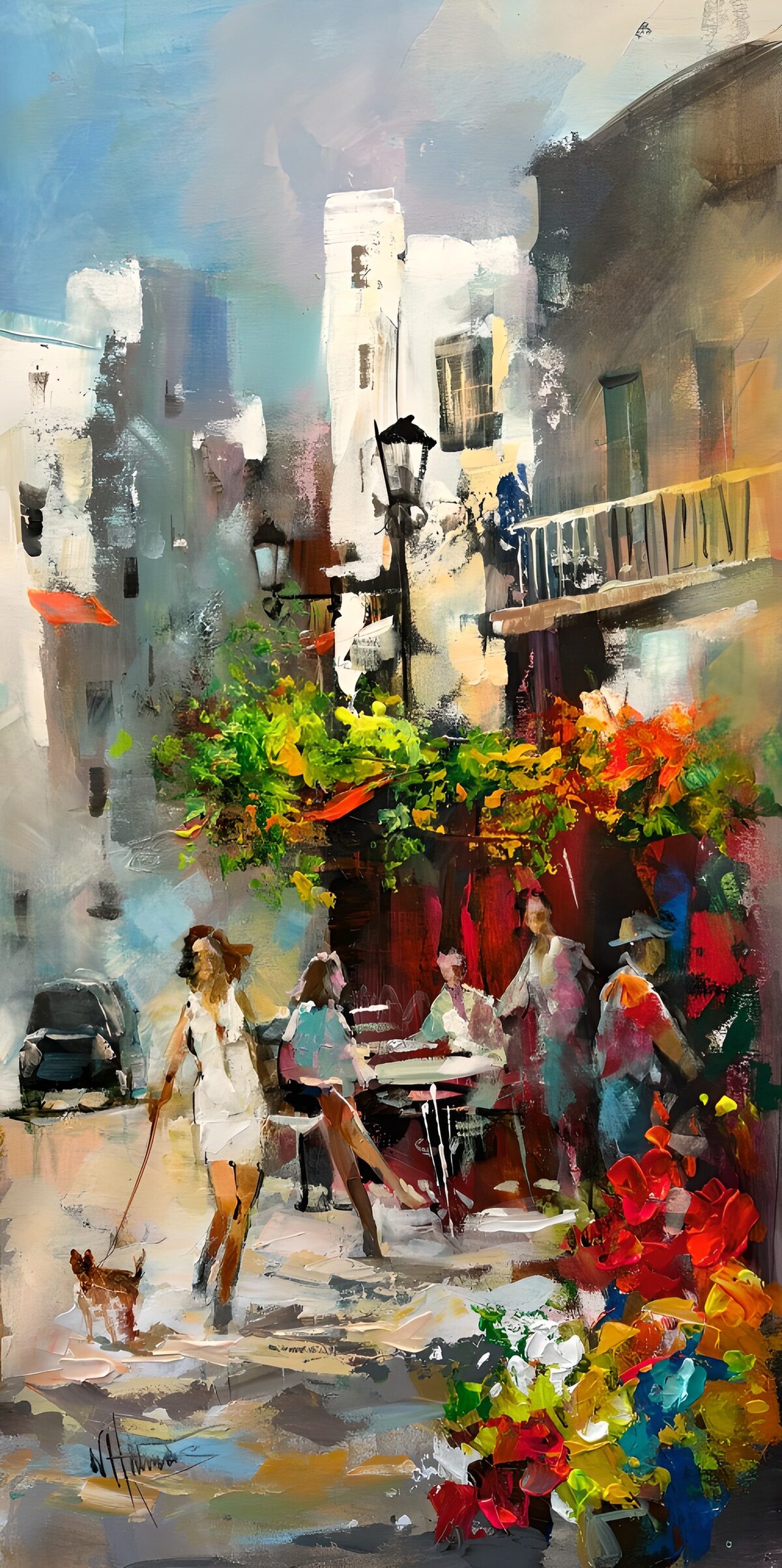Sonnige Gasse mit Café und Blumen