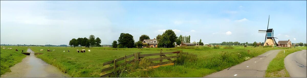 Windmühle und Schafe auf grüner Weide