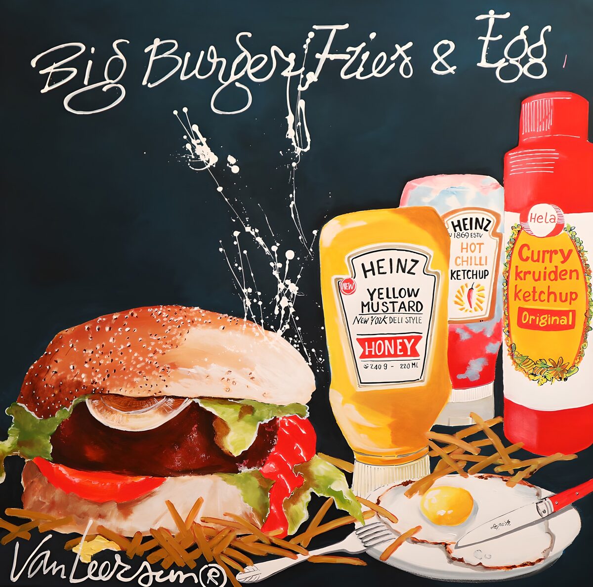 Burger, Pommes und Spiegelei in Knallfarben