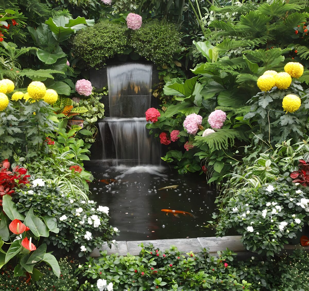 Gartenteich mit Wasserfall und Blüten