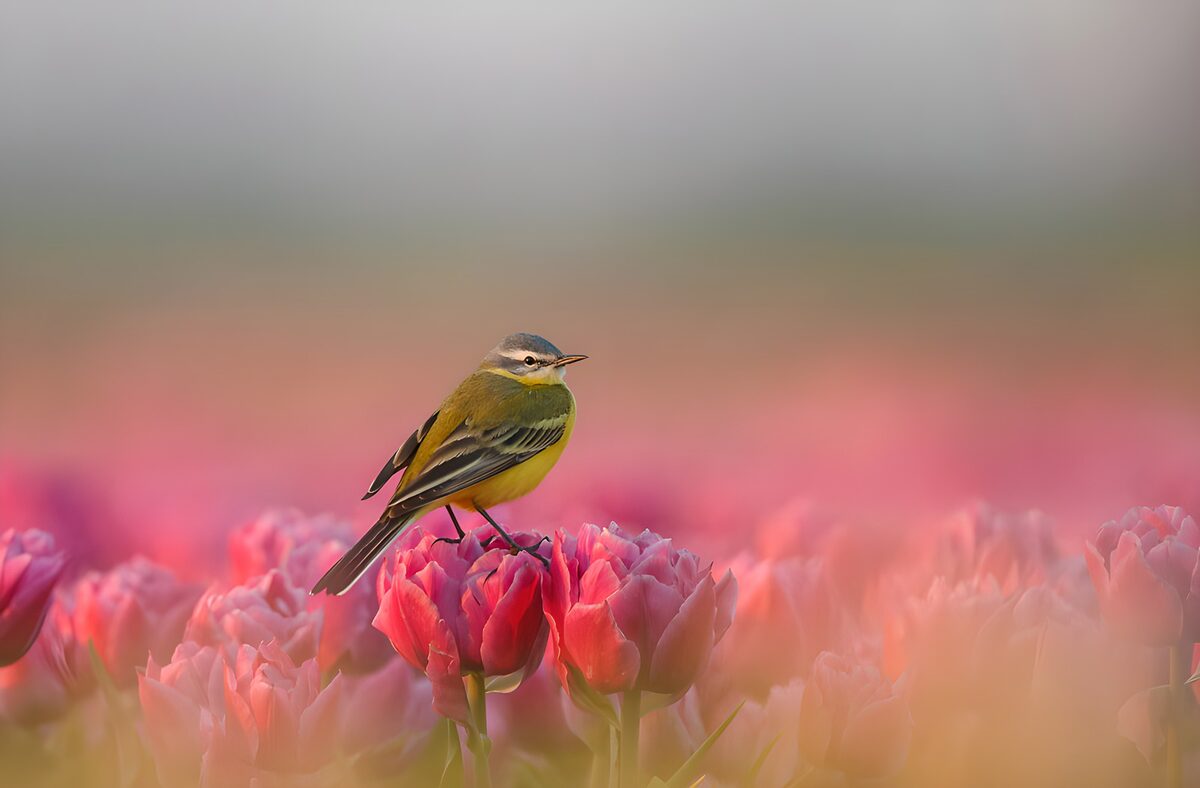 Schafstelze über einem Meer aus Tulpen