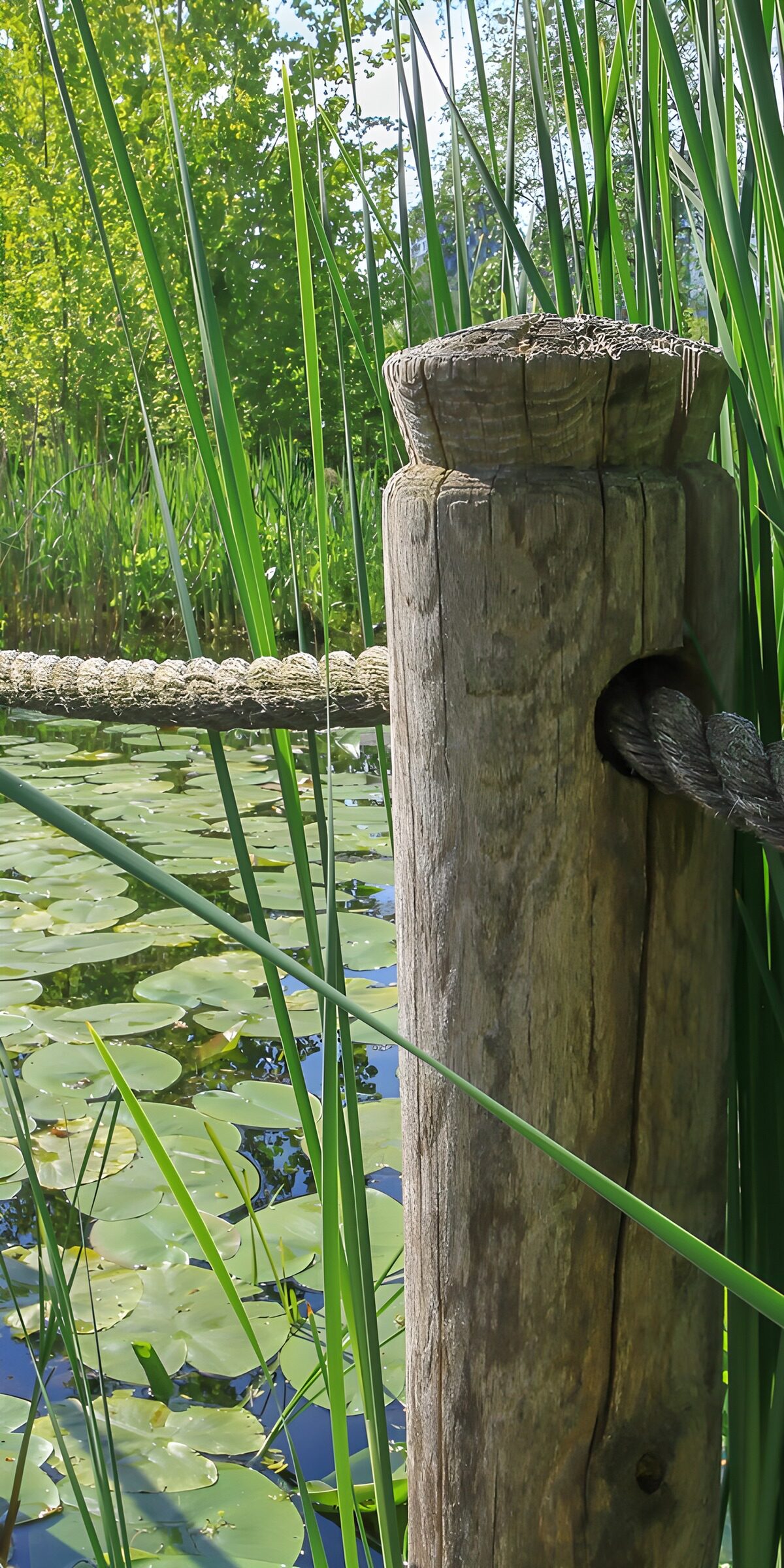 Holzpfosten am Teich im Sonnenlicht
