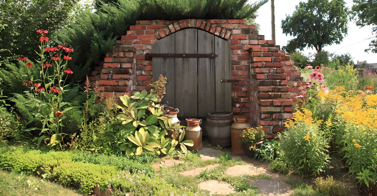 Alte Holztür im blühenden Garten