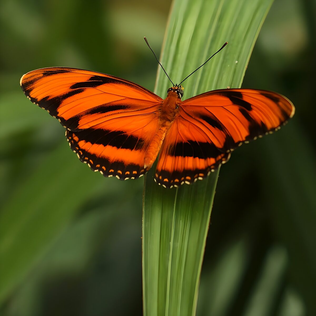 Orange-schwarzer Schmetterling auf einem Blatt