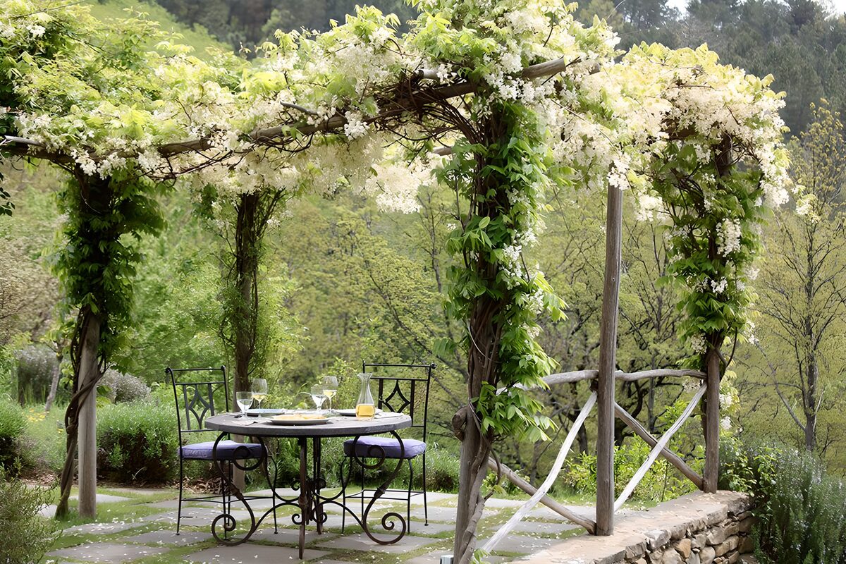 Gedeckter Gartentisch unter blühender Pergola