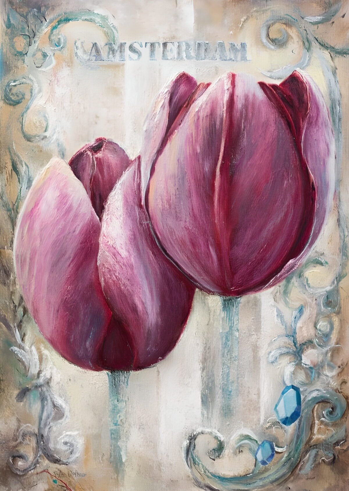 Rosa und violette Tulpen auf Creme