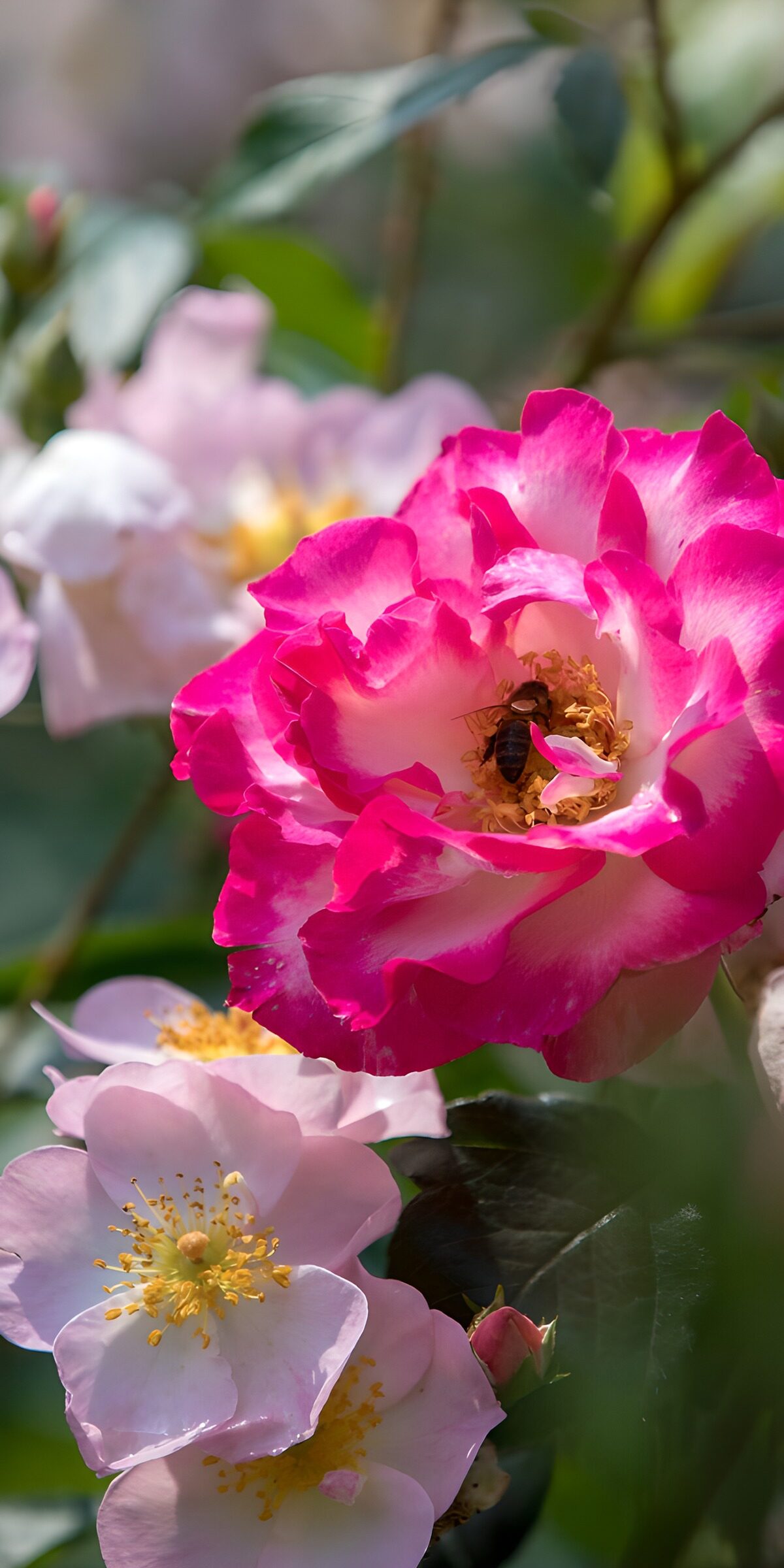 Rosa-weiße Rosen mit Blütenbesuch