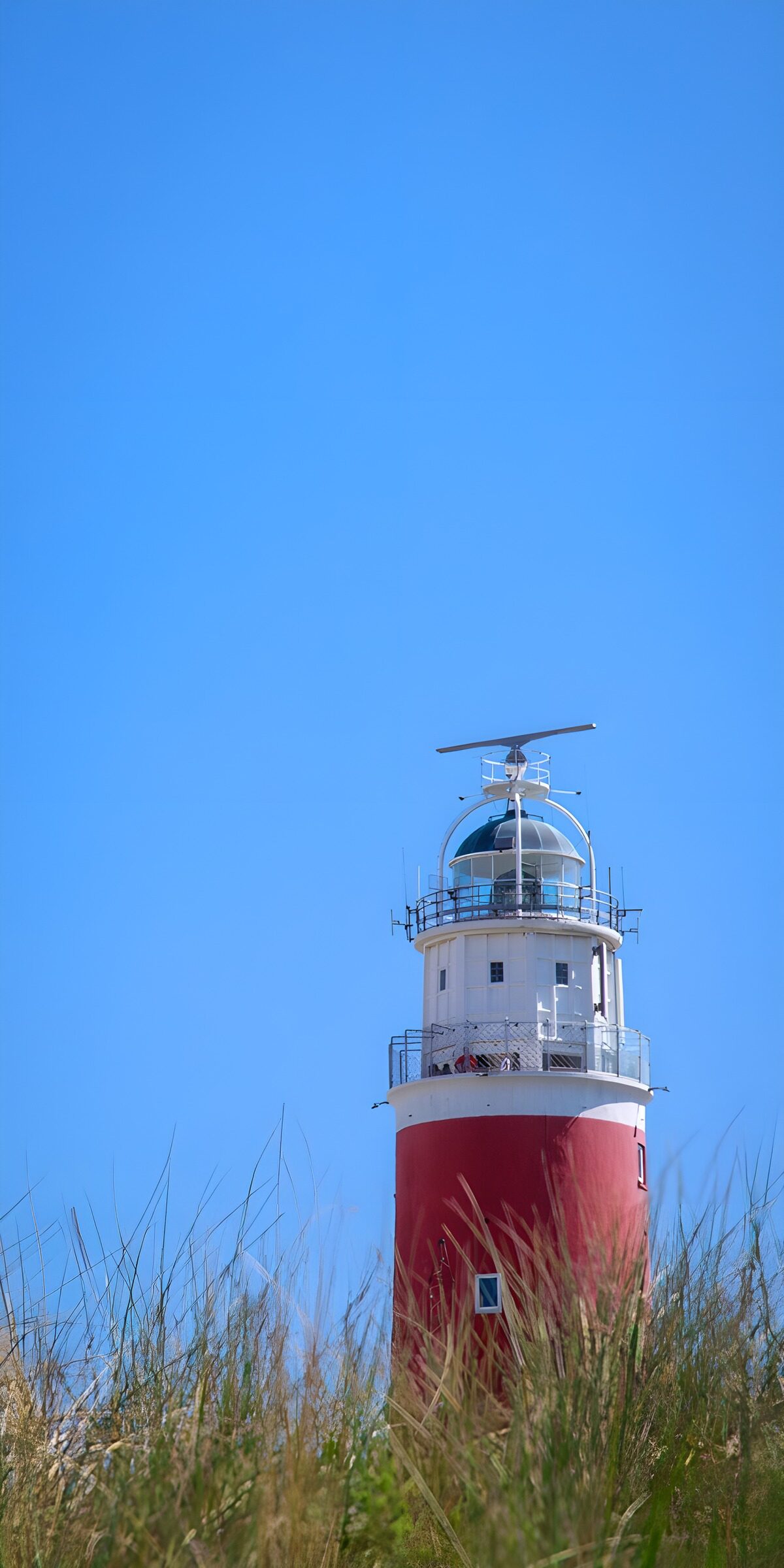 Rot-weißer Leuchtturm hinter Dünengras