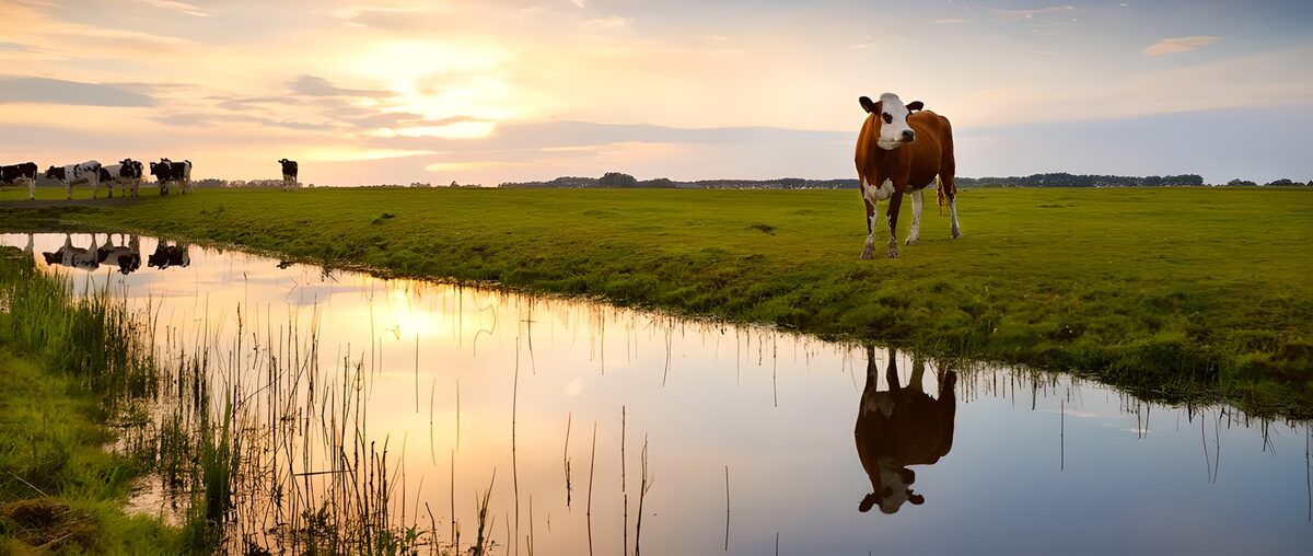 Kühe am Wasser im warmen Sonnenlicht