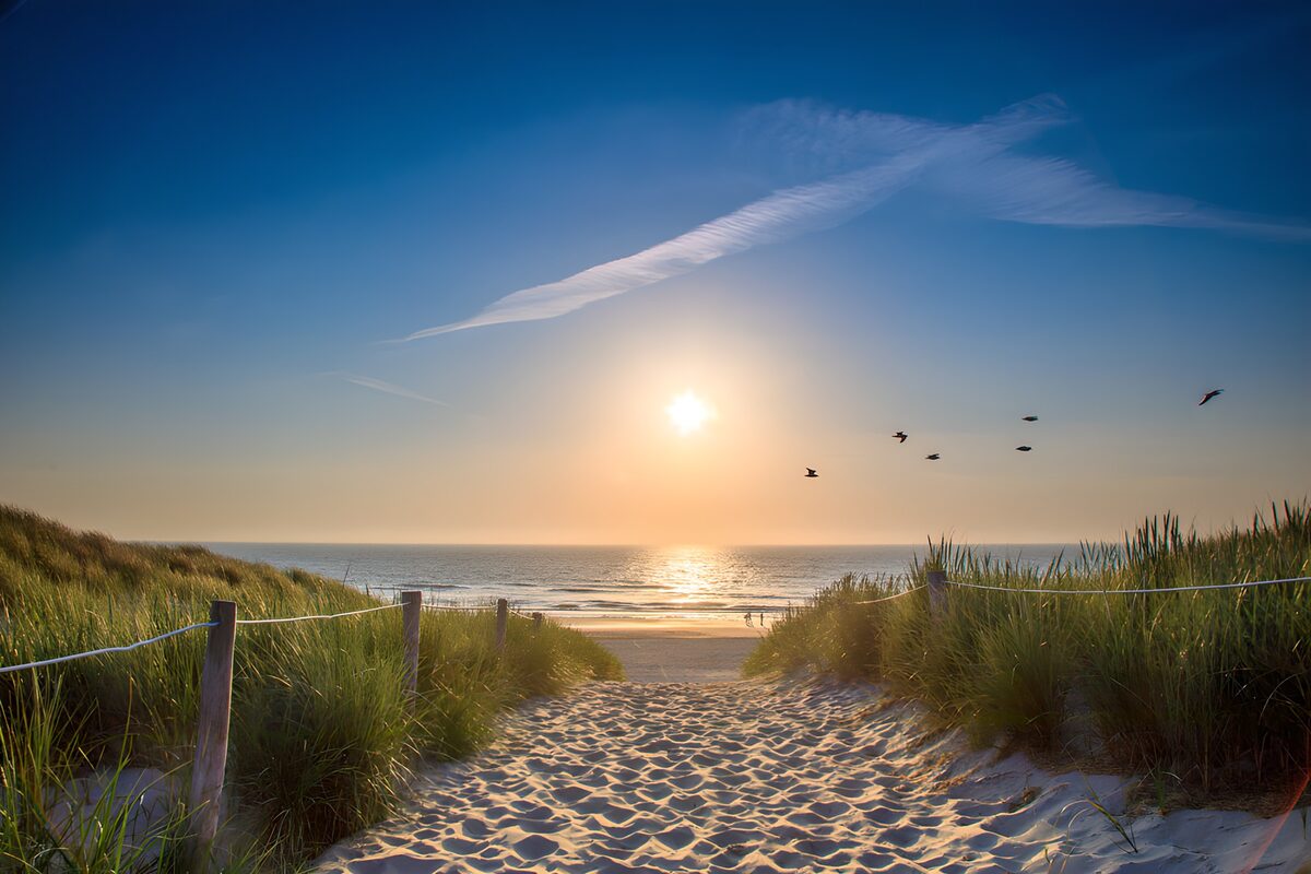Dünenweg zum Meer im Sonnenuntergang