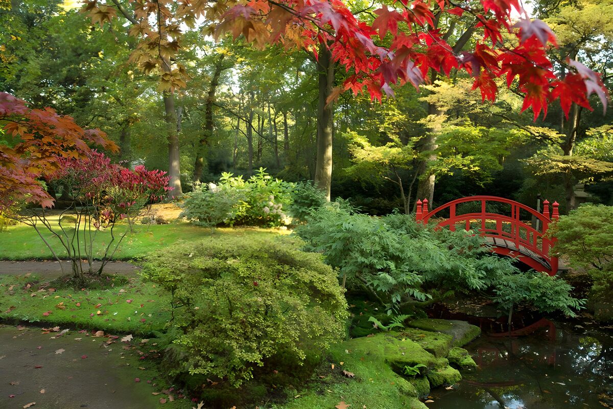 Rote Bogenbrücke im herbstlichen Grün