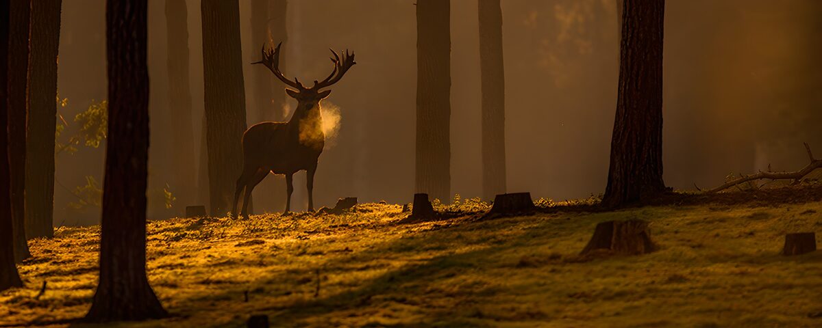 Hirsch im nebligen Wald