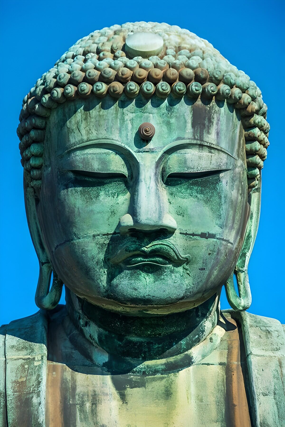 Buddhakopf mit Patina vor blauem Himmel