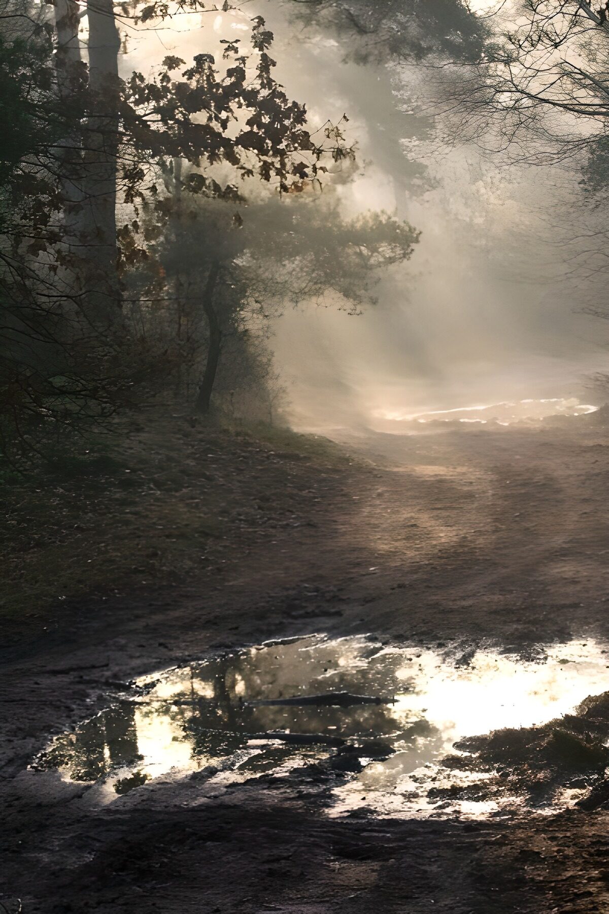 Schlammiger Waldweg im Morgennebel