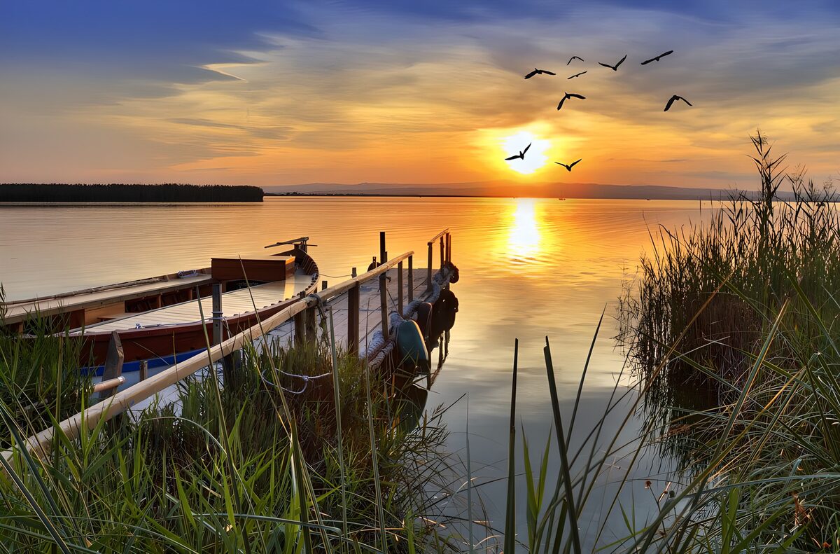Boote am Holzsteg im goldenen Licht