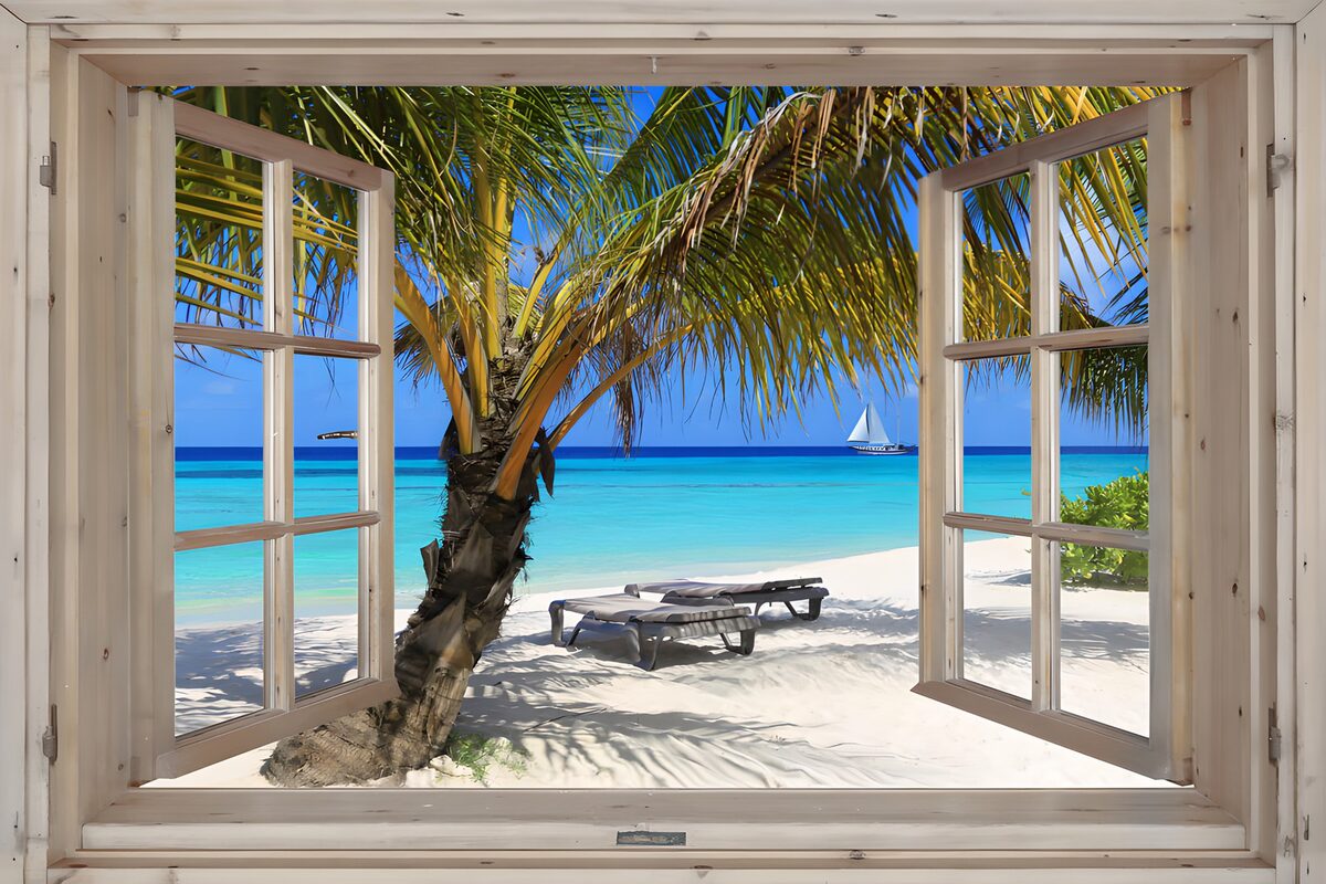 Ein Fenster voller Meer und Palmenschatten
