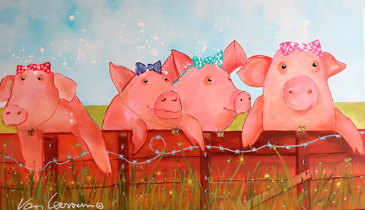 Vier Schweine mit bunten Schleifen