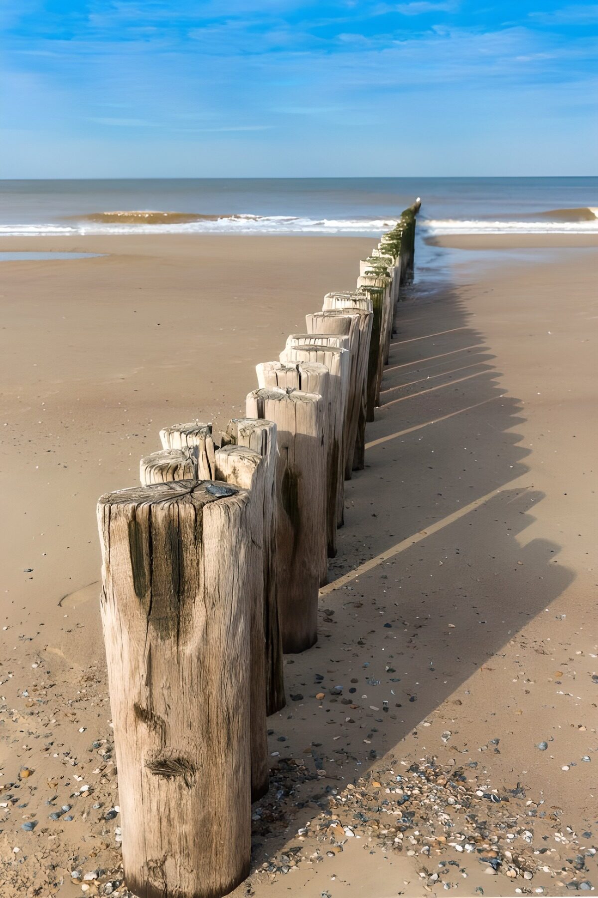 Holzbuhne am sonnigen Sandstrand