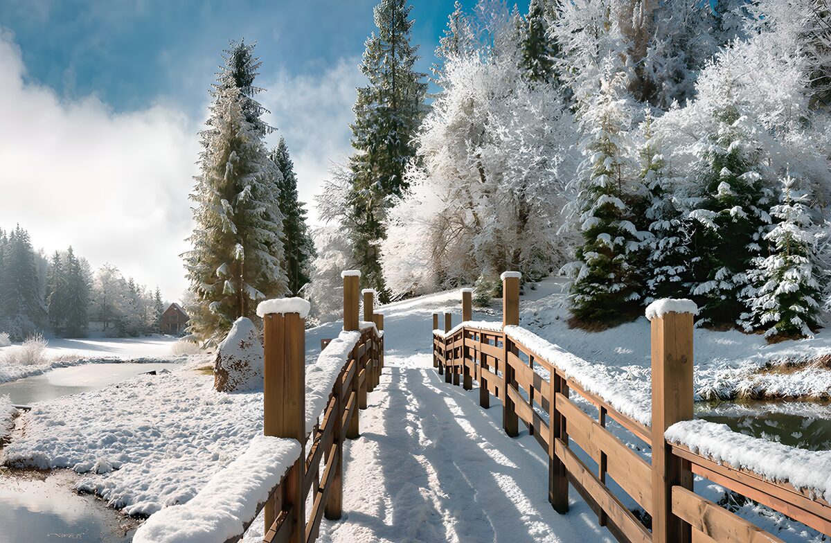 Verschneite Holzbrücke im Winterwald